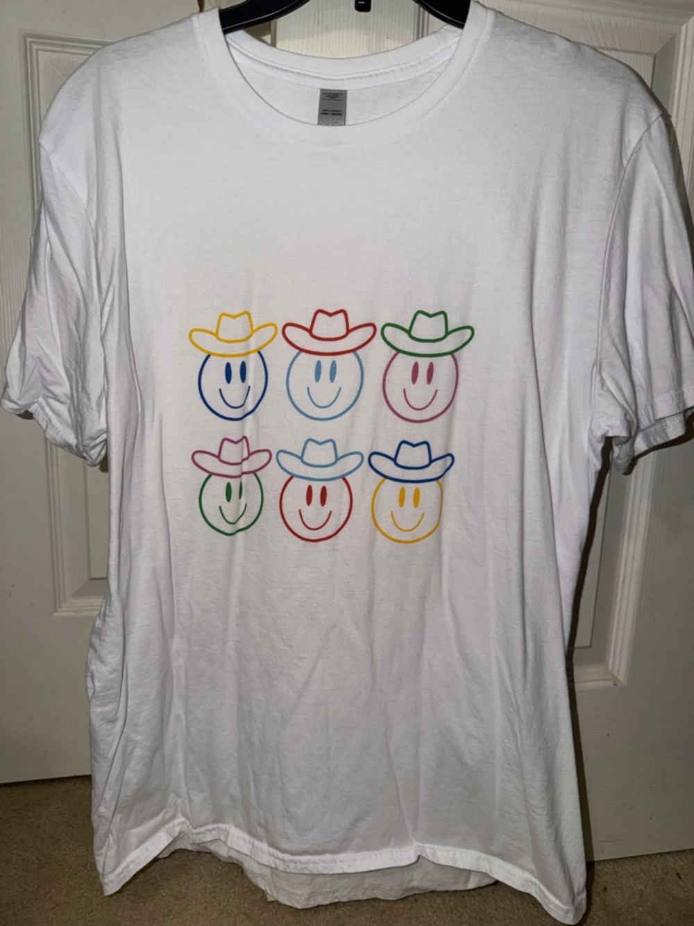 White Graphic Tee with Colorful Smiley Cowgirls